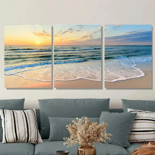 3pcs Beach Sunset Vibrant Colors, Modern Metal Print Ready to Hang Art