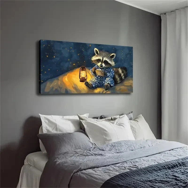 Bright Lantern Beside Raccoon Wall Art Canvas Office Home Room Framed 120x60cm