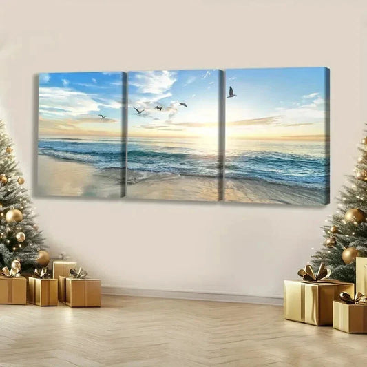 3pcs Modern Beach Sunset with Birds & Waves Wall Art Set Canvas Framed 40x60cm - High Quality Print 100% Australian Made Wall Canvas Ready to Hang