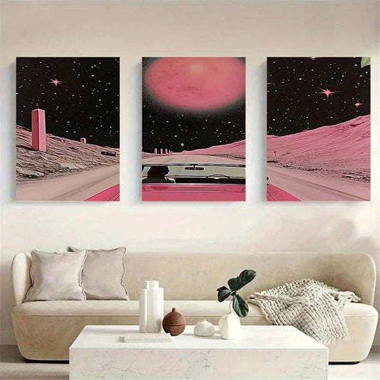 3pcs Pink Moon And Starry Night Car And Women'S Metal Print Ready to Hang Art