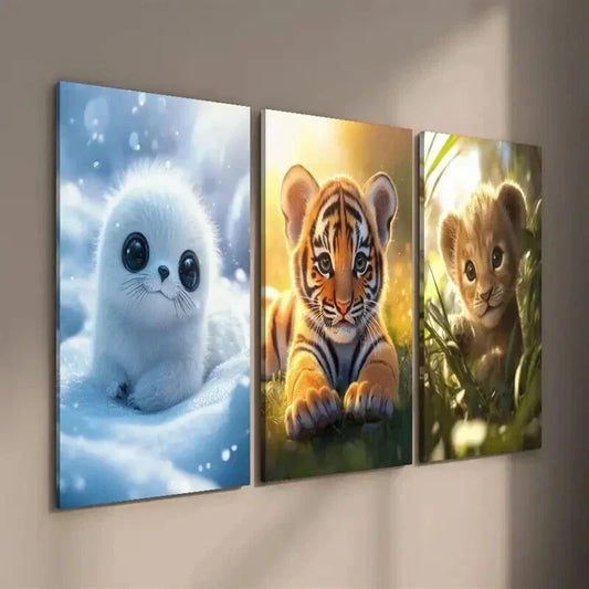 3pcs Snowy Tiger Snowy Tiger & Lion Cub on Grass Wall Art Set Canvas Framed 40x60cm - High Quality Print 100% Australian Made Wall Canvas Ready to Hang