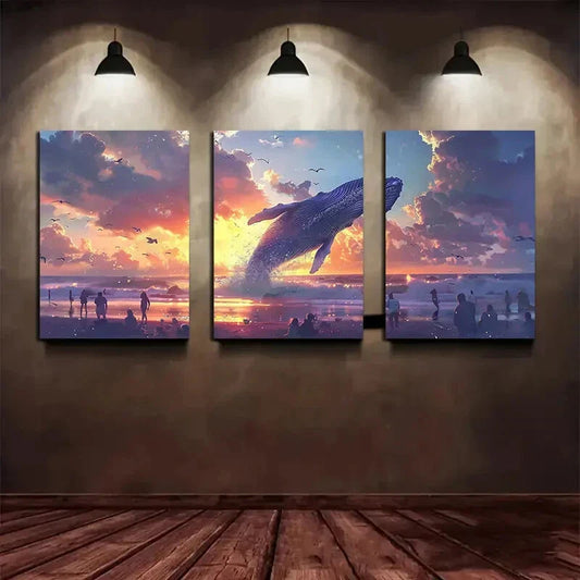3pcs Surging Sea Vibrant Ocean Sunset Metal Print Ready to Hang Art
