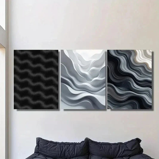 3pcs Stylish Black, White, and Gray Metal Print Ready to Hang Art