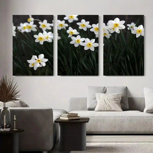 3pcs Elegant White Daffodil Flowers Metal Print Ready to Hang Art
