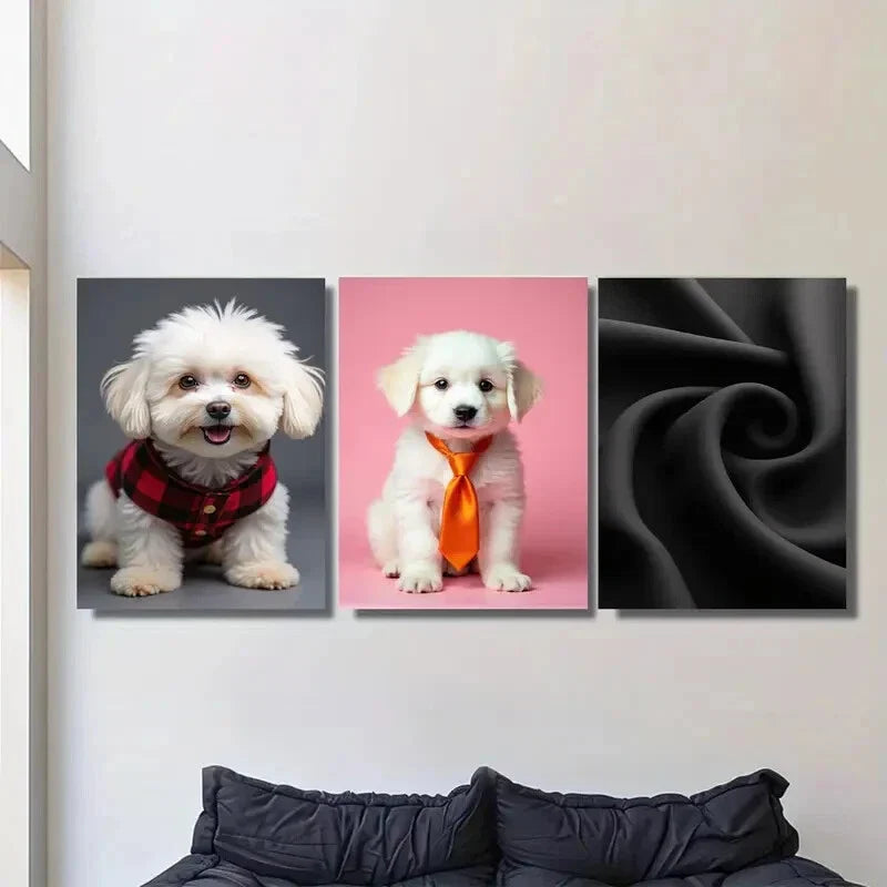3pcs Cute Puppy Pink & Black Backgrounds Metal Print Ready to Hang Art
