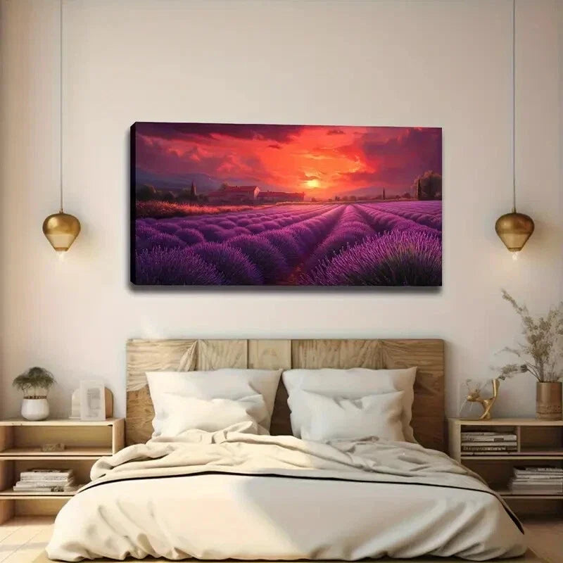 Vibrant Lavender Field Sunset Wall Art canvas office home room framed 120x60cm