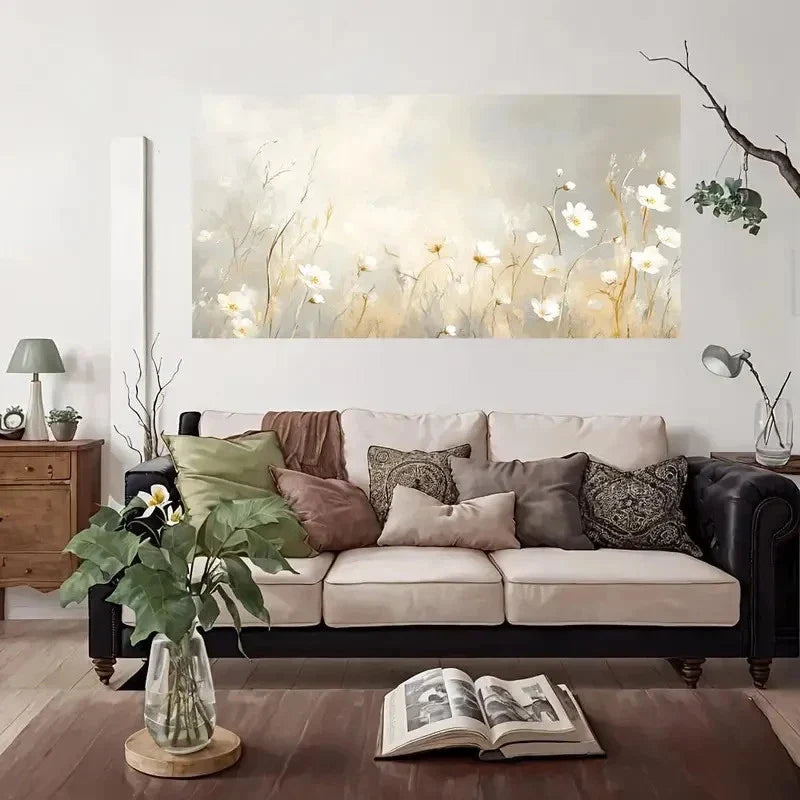 White Daisies & Beige Floral Wall Art Canvas Office Home Room Framed 80x45cm
