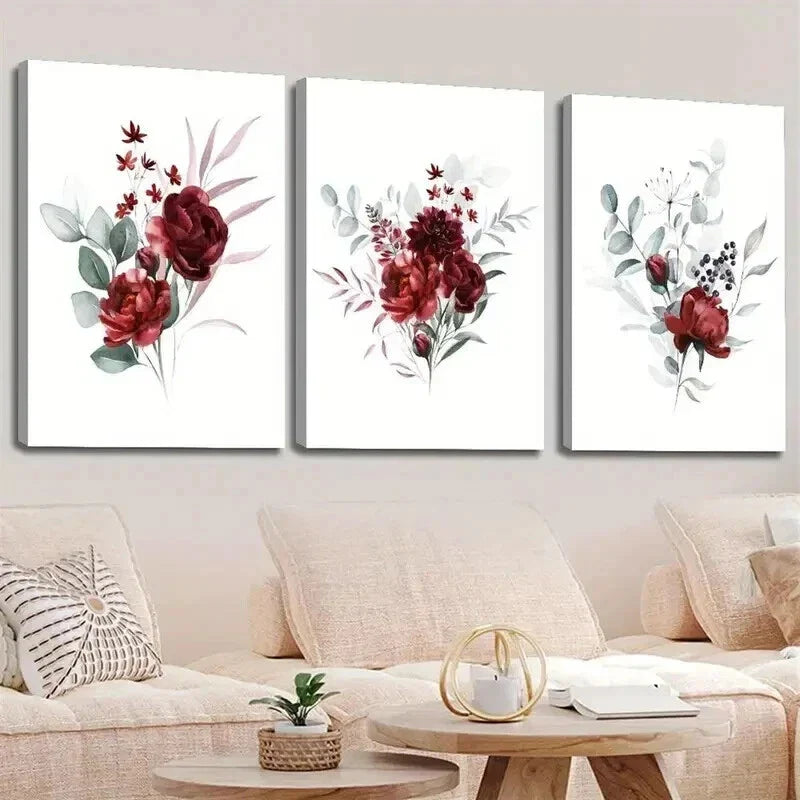 3pcs Vibrant Red Rose Flower & Green Leaves Wall Art Set Canvas Framed 40x60cm - High Quality Print 100% Australian Made Wall Canvas Ready to Hang