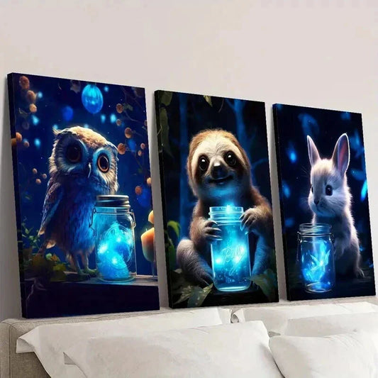 3pcs Luminous Magic Owls Sloths & Rabbits Wall Art Set Canvas Framed 40x60cm - High Quality Print 100% Australian Made Wall Canvas Ready to Hang