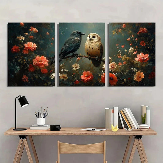 3pcs Owl Crow Floral & Foliage Forest Vintage Metal Print Ready to Hang Art