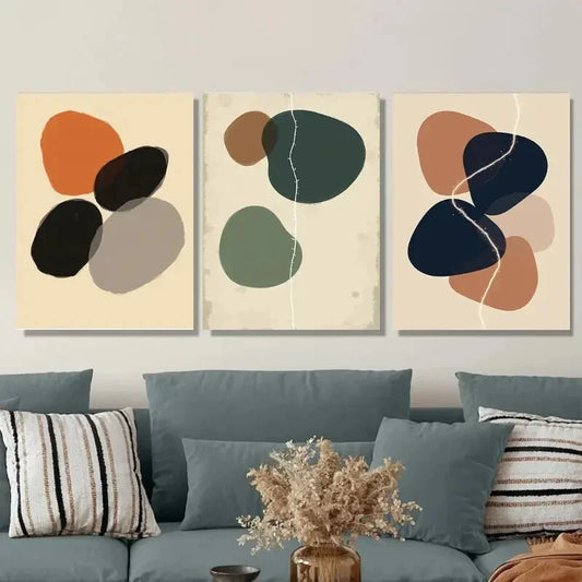 3pcs Vibrant Orange, Black, Beige & Green Metal Print Ready to Hang Art