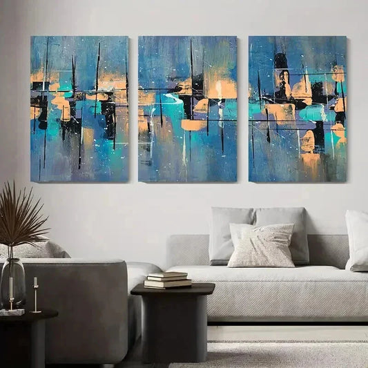3pcs Blue Orange & Black Brushstroke Wall Art Set Canvas Framed 40x60cm - High Quality Print 100% Australian Made Wall Canvas Ready to Hang
