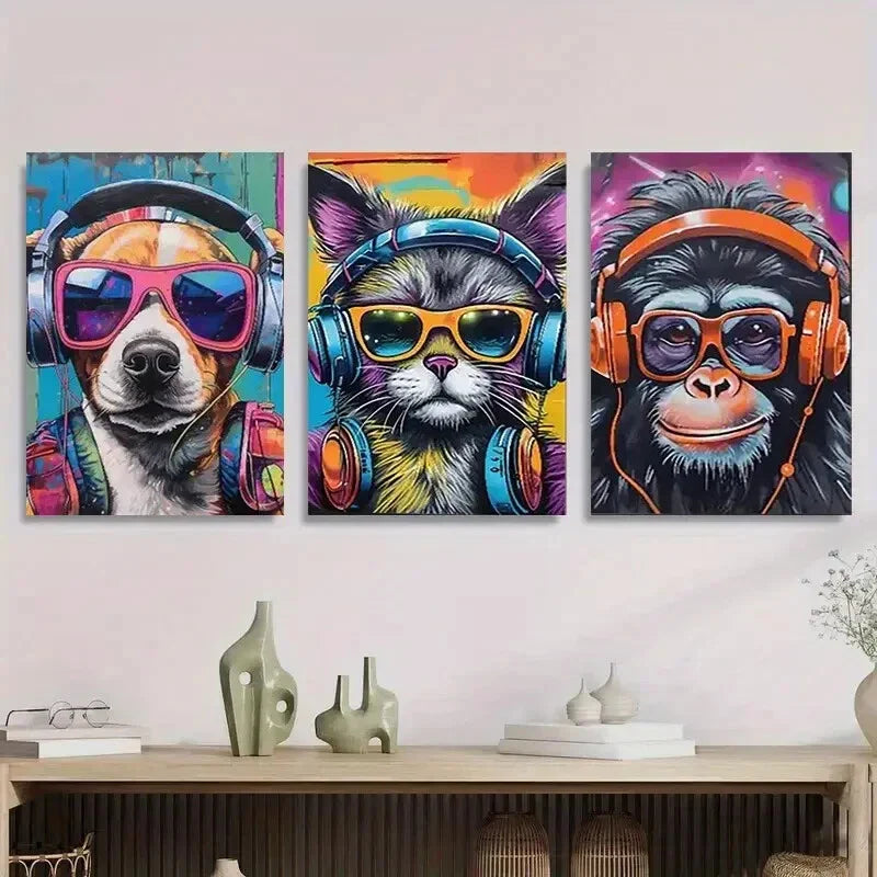 3pcs Colorful Animal Portraits with Headphones Metal Print Ready to Hang Art