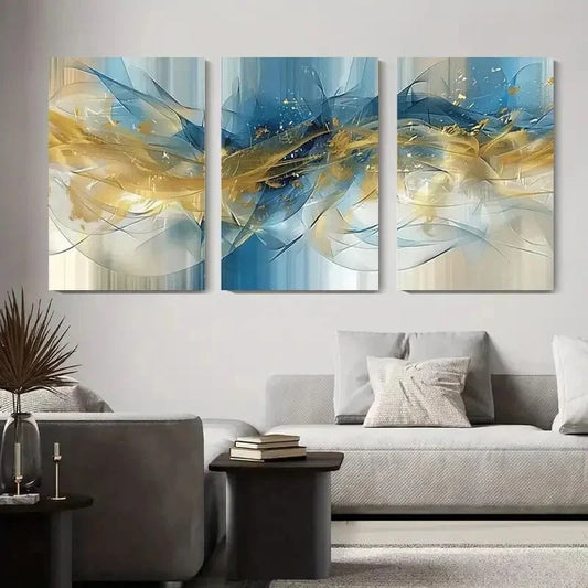 3pcs Abstract Blue and Golden Swirls Metal Print Ready to Hang Art