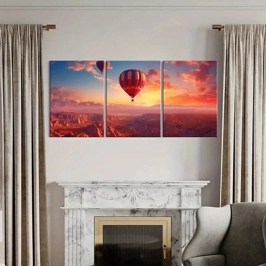 3pcs Hot Air Balloon Landscape, Sunset Glow, sky Wall Art Set Canvas Framed 40x60cm - High Quality Print 100% Australian Made Wall Canvas Ready to Hang