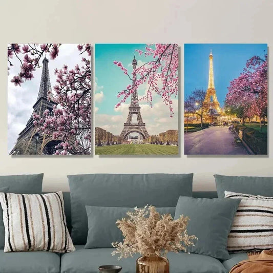 3pcs Beautiful Eiffel Tower Triptych Landscape Wall Art Set Canvas Framed 40x60cm - High Quality Print 100% Australian Made Wall Canvas Ready to Hang