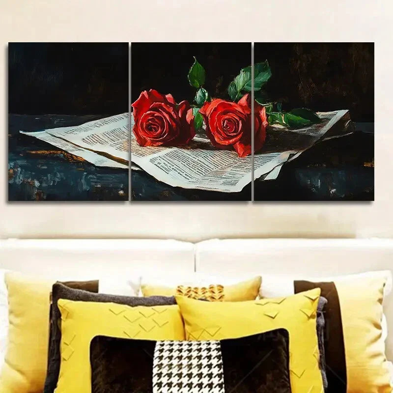 3pcs Red roses from the newspaper Metal Print Ready to Hang Art