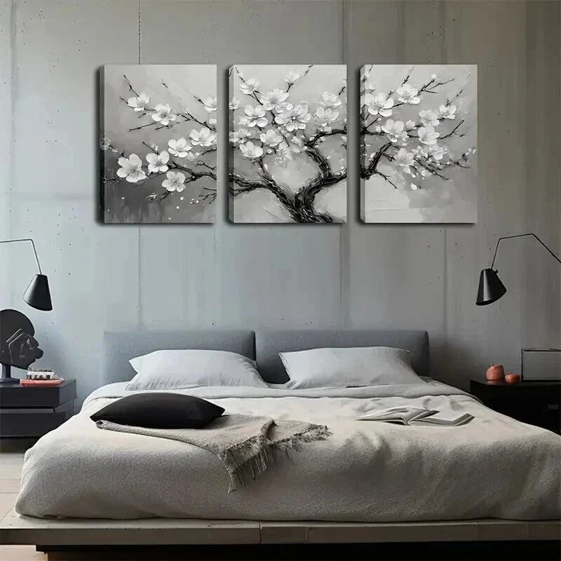 3pcs Serene Grey Tree with White Flowers Wall Art Set Canvas Framed 40x60cm - High Quality Print 100% Australian Made Wall Canvas Ready to Hang