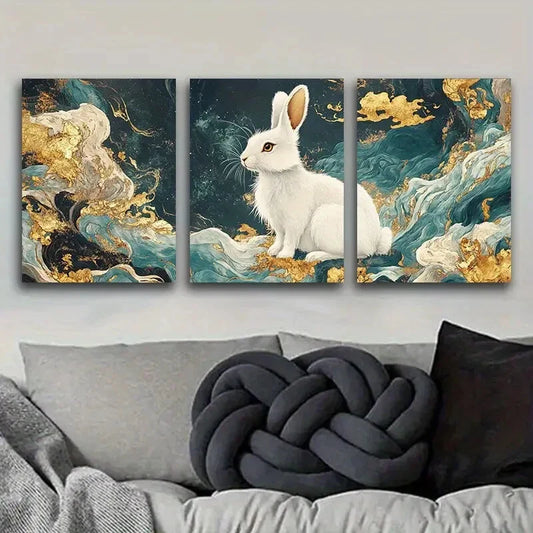 3pcs White Rabbit Embroidery Metal Print Ready to Hang Art