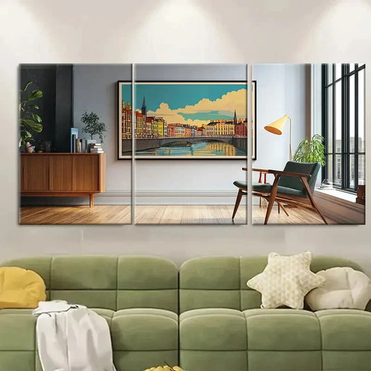 3pcs Panels Vibrant Dublin Canal Scene Metal Print Ready to Hang Art