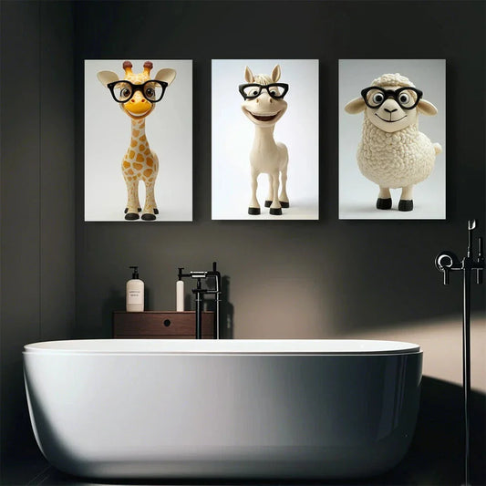 3pcs Quirky Animal Characters Wearing Glasses Metal Print Ready to Hang Art