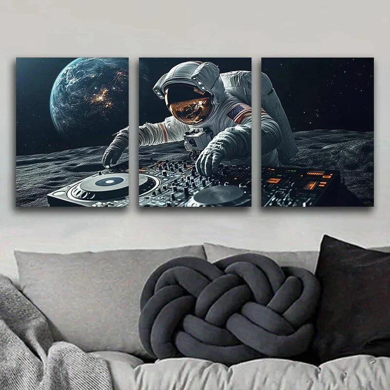3pcs Astronaut DJ Space Luxurious Metal Print Ready to Hang Art
