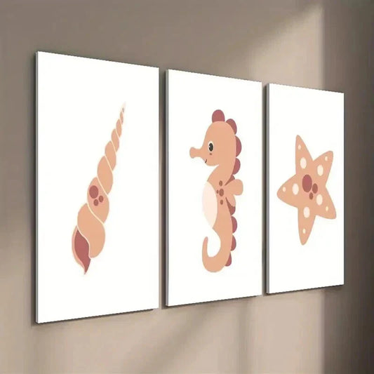 3pcs Cute Seahorse Spiral Shell Starfish Wall Art Set Canvas Framed 40x60cm - High Quality Print 100% Australian Made Wall Canvas Ready to Hang