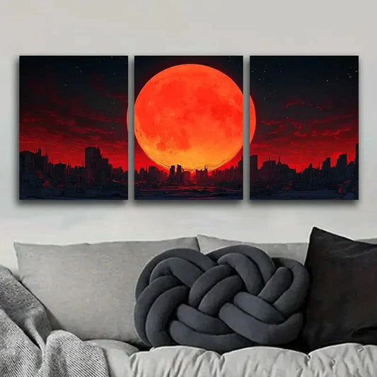 3pcs Big Red Moon , Modern Metal Print Ready to Hang Art