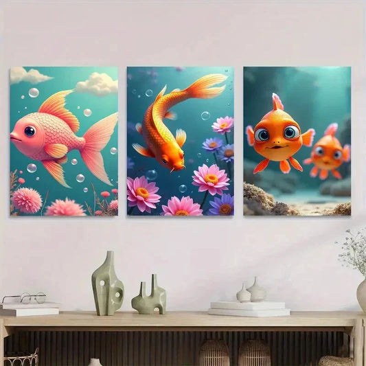 3pcs Underwater Scene with Pink Fish Orange Koi Wall Art Set Canvas Framed 40x60cm - High Quality Print 100% Australian Made Wall Canvas Ready to Hang
