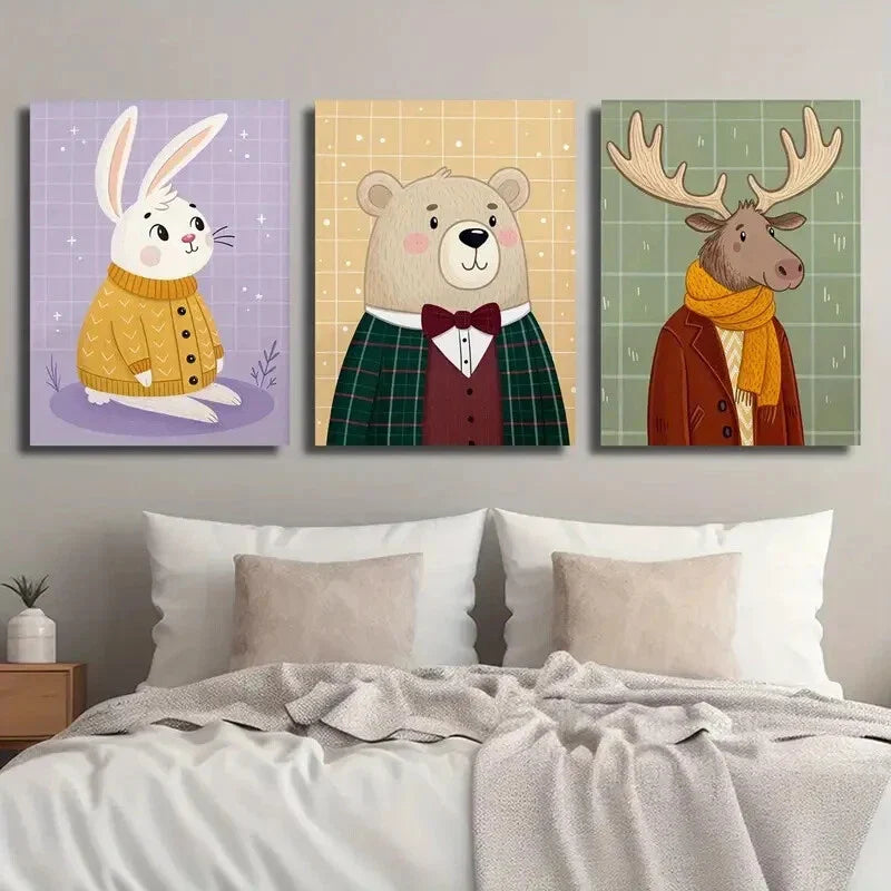 3pcs Cute Rabbit Bear And Deer Cartoon Animal Metal Print Ready to Hang Art