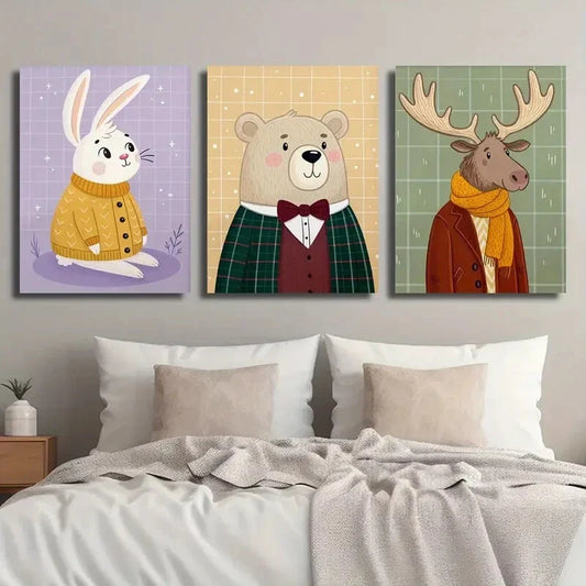 3pcs Cute Rabbit Bear And Deer Cartoon Animal Metal Print Ready to Hang Art