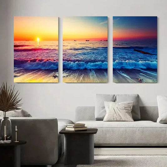 3pcs Vibrant Coastal Ocean Waves Painting Metal Print Ready to Hang Art
