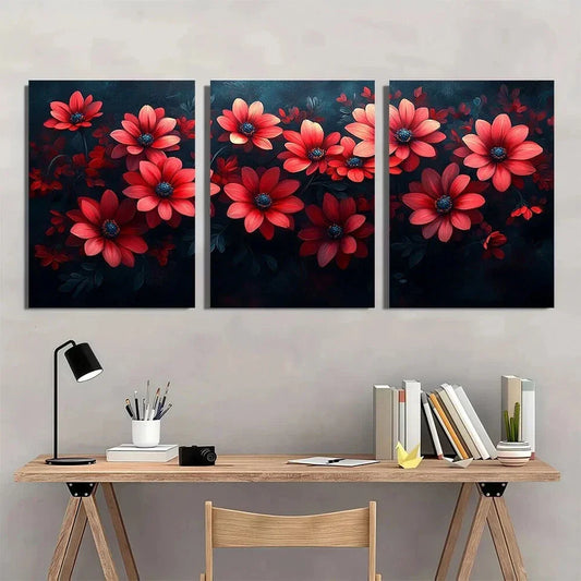 3pcs Colorful Red Daisies Paintings Murals Metal Print Ready to Hang Art