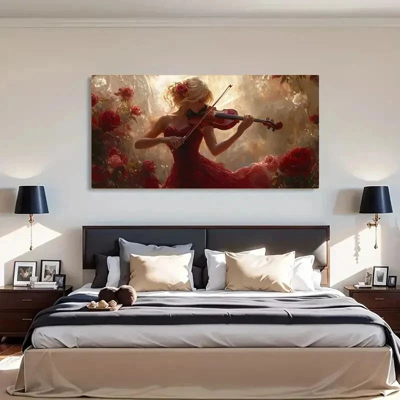 Red Roses - Elegant Violinist Wall Art Canvas Office Home Room Framed 80x45cm
