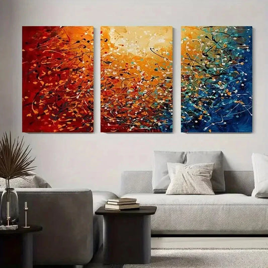 3pcs Abstract Orange & Teal Paint Splatter Metal Print Ready to Hang Art