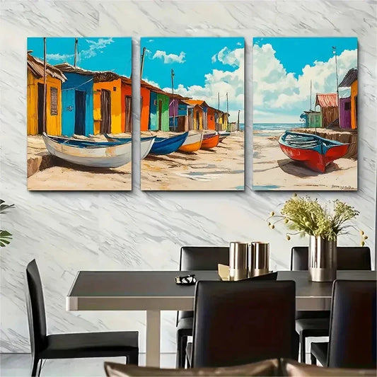 3pcs Ecuador Coastal Village Painting Canoa Metal Print Ready to Hang Art