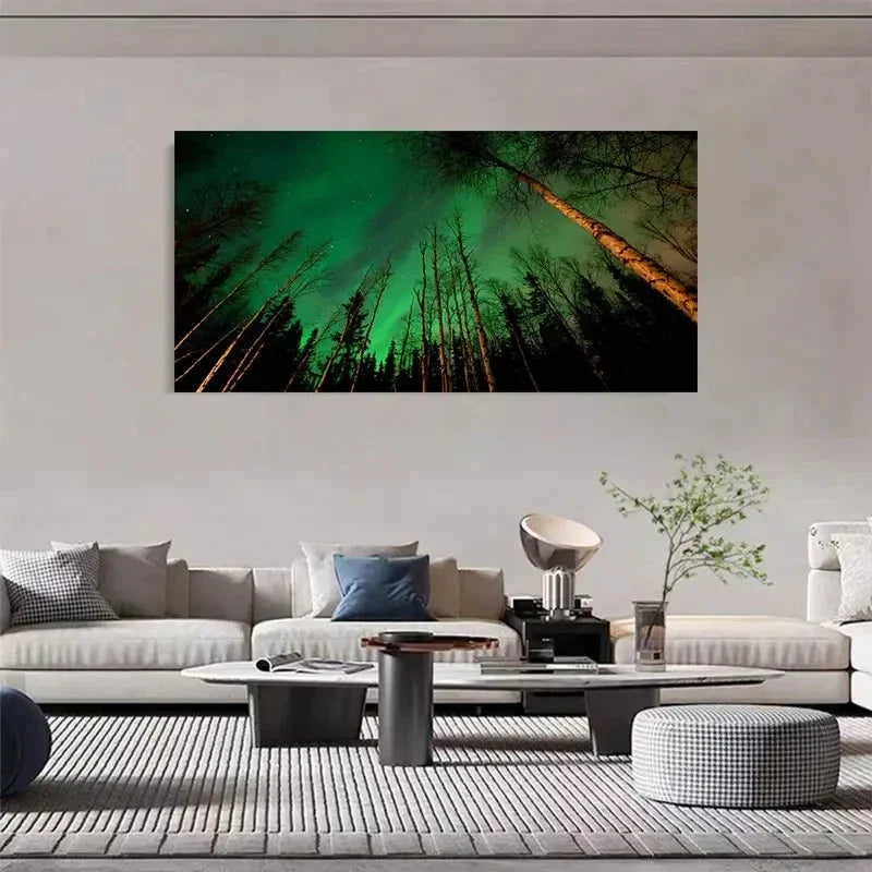 Northern Lights Green Aurora Wall Art Canvas Office Home Room Framed 80x45cm
