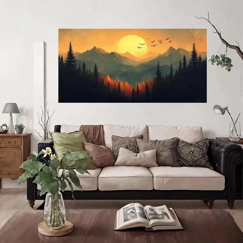 Mountain Sunset Modern Wall Art Canvas Office Home Room Framed 80x45cm
