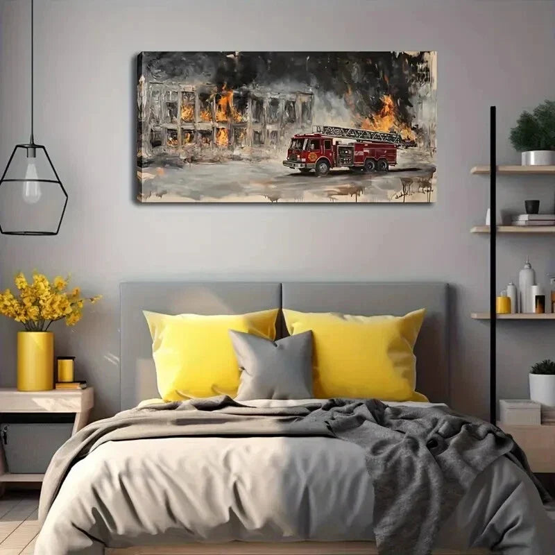 Fire Truck Burning Building Wall Art Canvas Office Home Room Framed 120x60cm