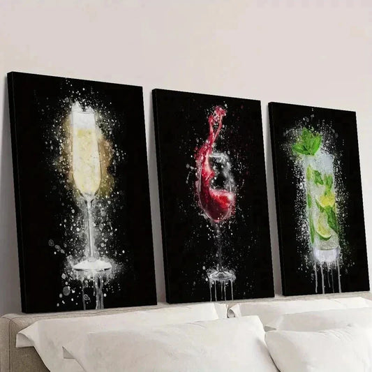 3pcs Champagne Glass on Black Background Wall Art Set Canvas Framed 40x60cm - High Quality Print 100% Australian Made Wall Canvas Ready to Hang