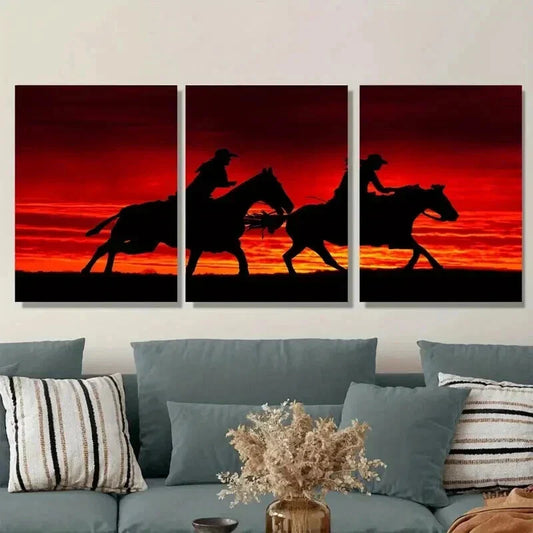3pcs Silhouette Cowboy Horse Riding Sunset Wall Art Set Canvas Framed 40x60cm - High Quality Print 100% Australian Made Wall Canvas Ready to Hang