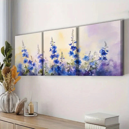 3pcs Blue Flower Watercolor Nature Perfect Wall Perfect Wall Art Set Canvas Framed 40x60cm - High Quality Print 100% Australian Made Wall Canvas Ready to Hang