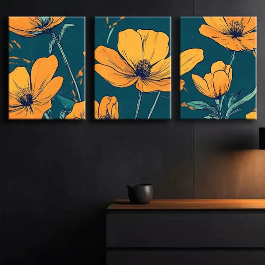 3pcs Orange Floral Colorful Pattern Perfect Wall Art Set Canvas Framed 40x60cm - High Quality Print 100% Australian Made Wall Canvas Ready to Hang