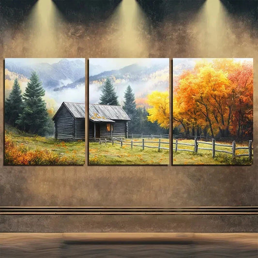 3pcs Beautiful Autumn Scenery Log Cabin Perfect Wall Art Set Canvas Framed 40x60cm - High Quality Print 100% Australian Made Wall Canvas Ready to Hang