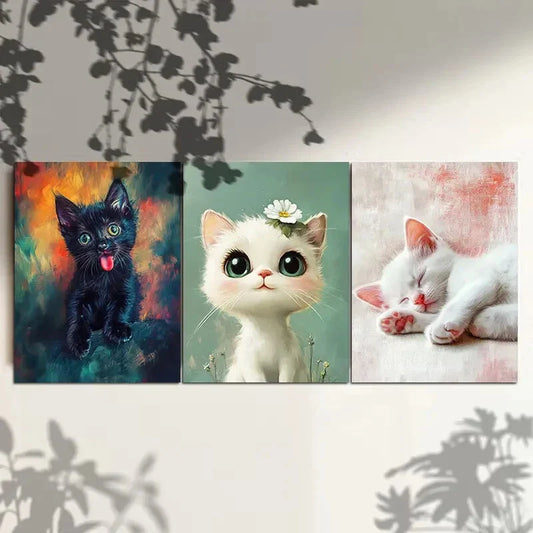 3pcs Adorable Cutest Cat Floral On Head Metal Print Ready to Hang Art