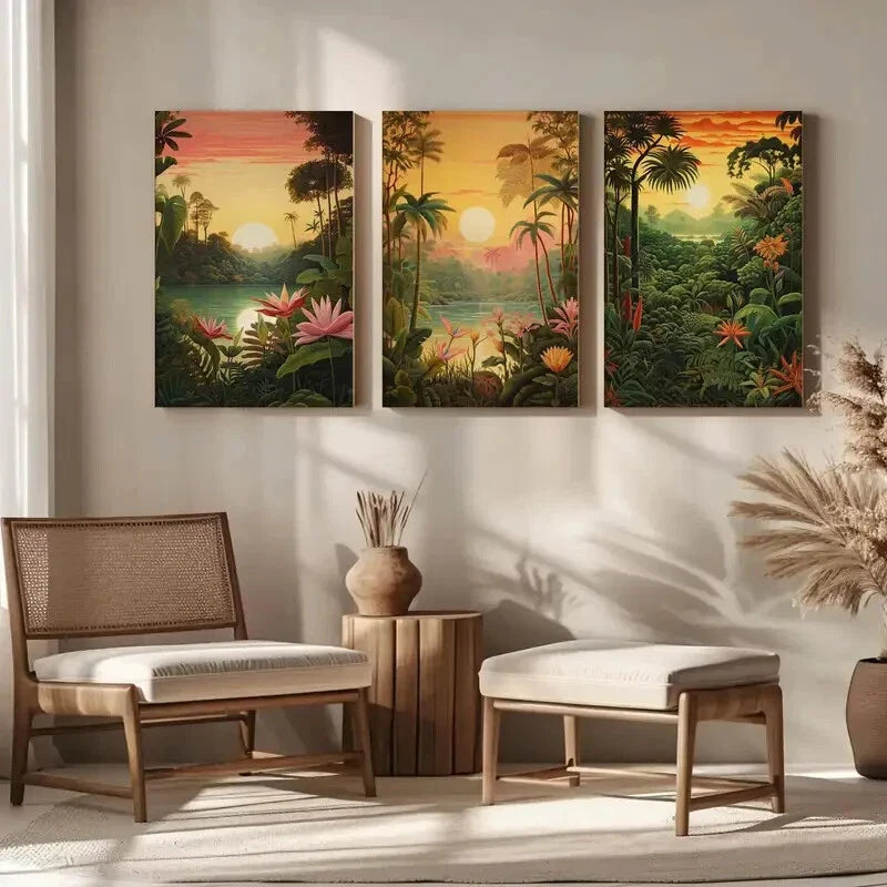 3pcs Bohemian Floral & Leaf Design, Vibrant Metal Print Ready to Hang Art