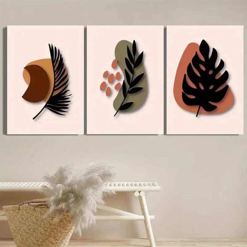 3pcs Decorative Abstract Bohemian Style Leaf Wall Art Set Canvas Framed 40x60cm - High Quality Print 100% Australian Made Wall Canvas Ready to Hang