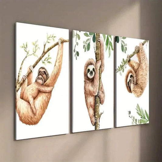 3pcs Wildlife Sloth Watercolor Decor Wall Art Set Canvas Framed 40x60cm - High Quality Print 100% Australian Made Wall Canvas Ready to Hang