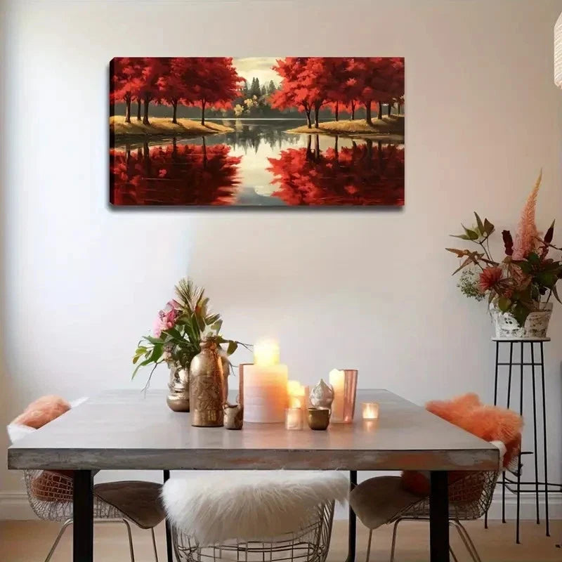 Vibrant Red Maple Forest Lake Wall Art Canvas Office Home Room Framed 120x60cm