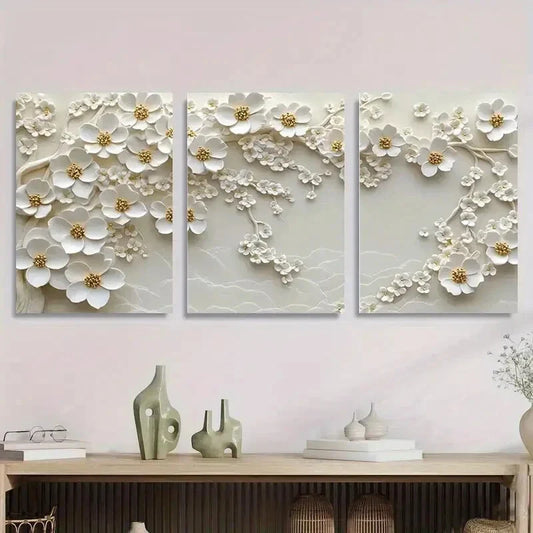 3pcs White Flower Blossom Floral Relief Metal Print Ready to Hang Art